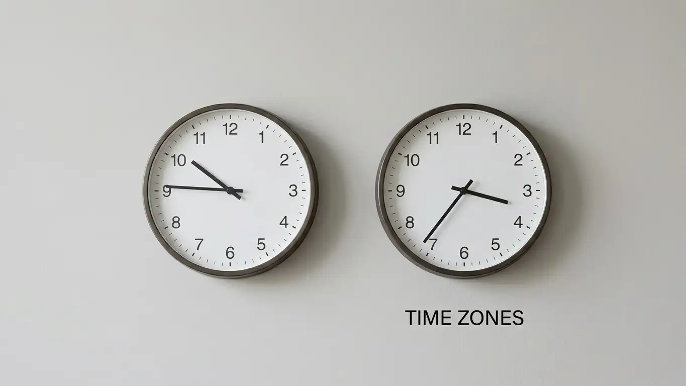 Two clocks side by side on a plain wall showing different times