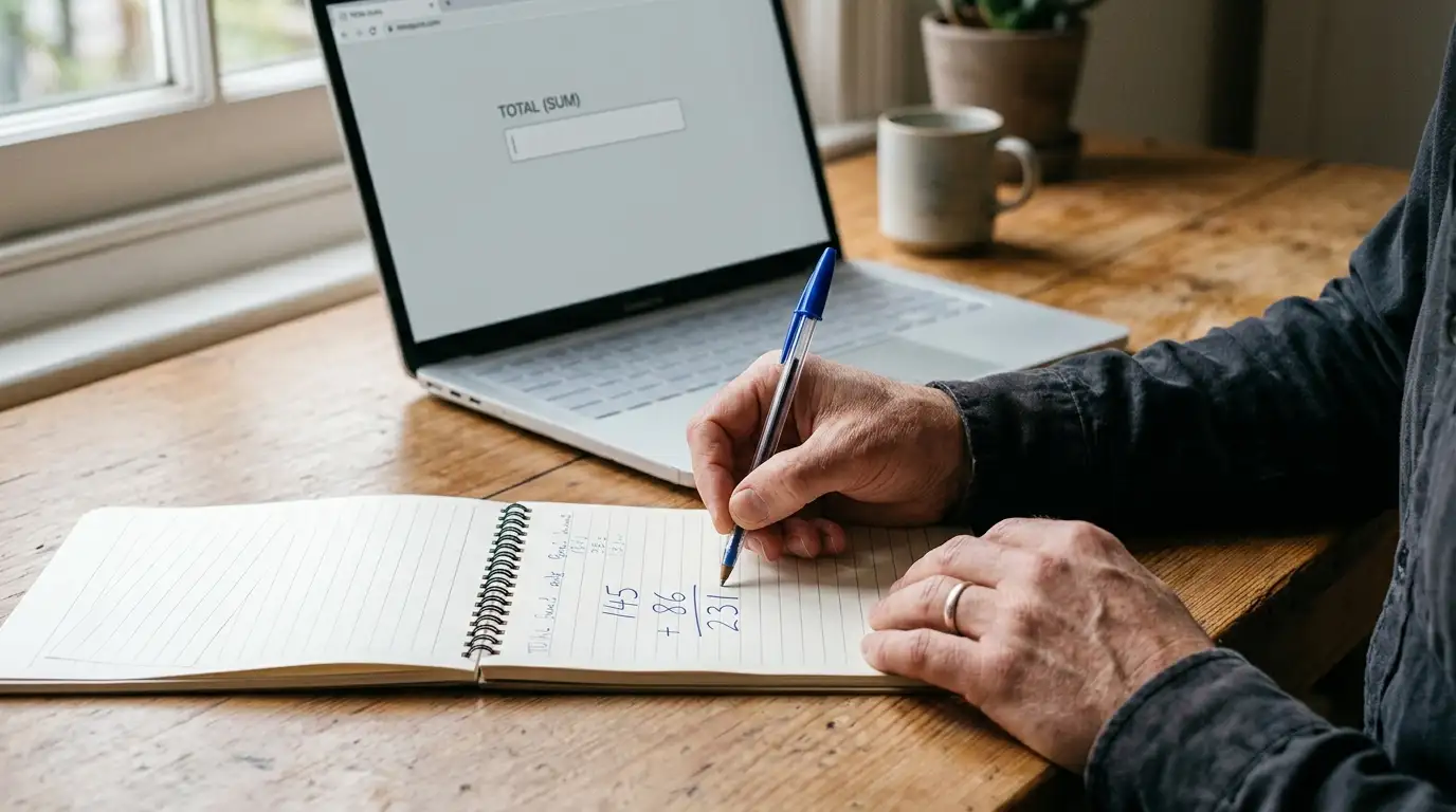 Hand working through a sum with pen and notepad beside a laptop showing a withdrawal limit